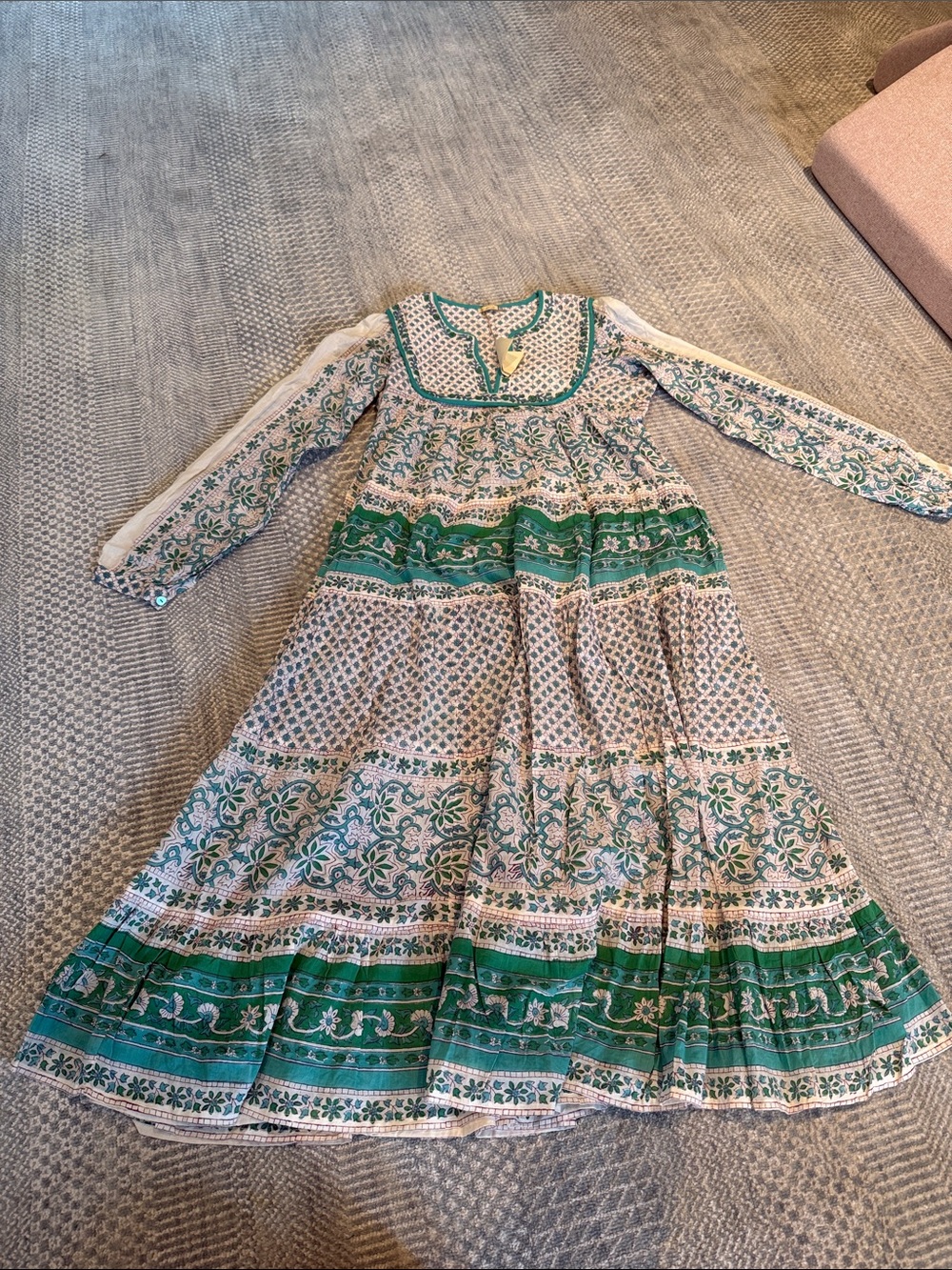 Matta Green and Cream Printed Long-Sleeve Tiered Maxi Dress